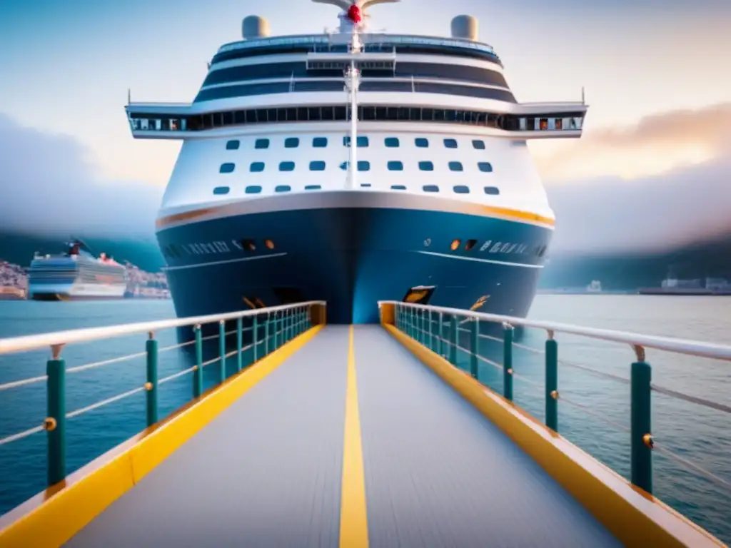 Accesibilidad moderna: crucero adaptado en puerto Un crucero atracado en un puerto con rampa para accesibilidad, reflejando mejora en accesibilidad en cruceros