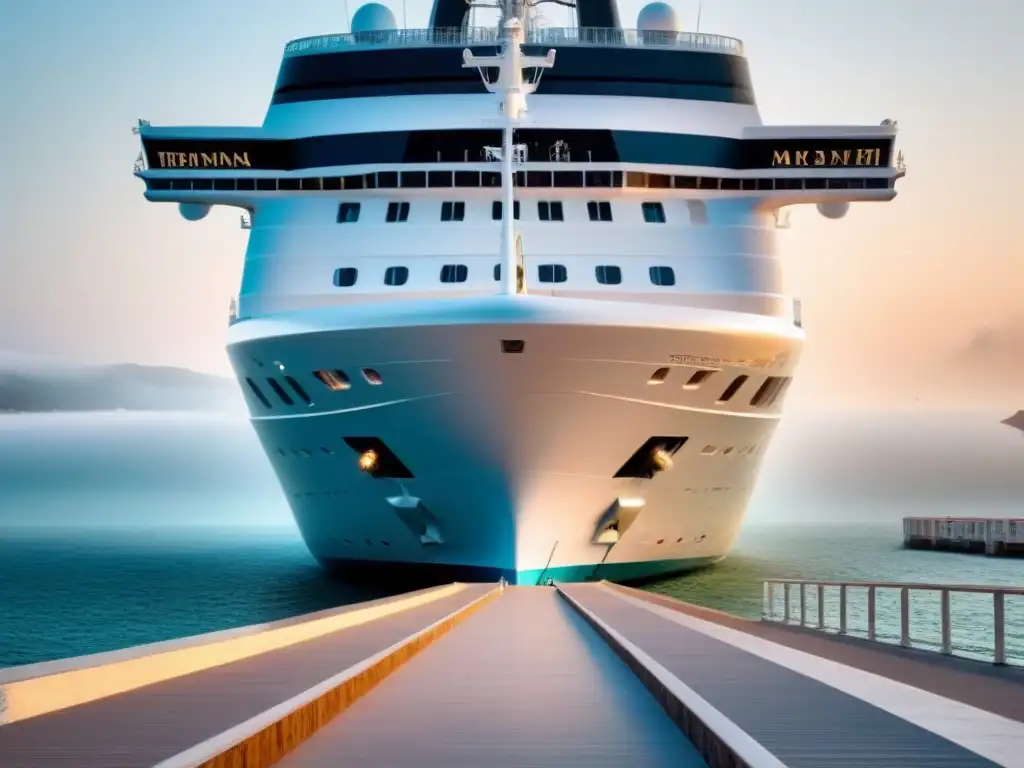 Accesibilidad inclusiva en crucero pastel Un crucero atracado en un puerto con una rampa extendida hacia la orilla, destacando la mejora de accesibilidad en cruceros