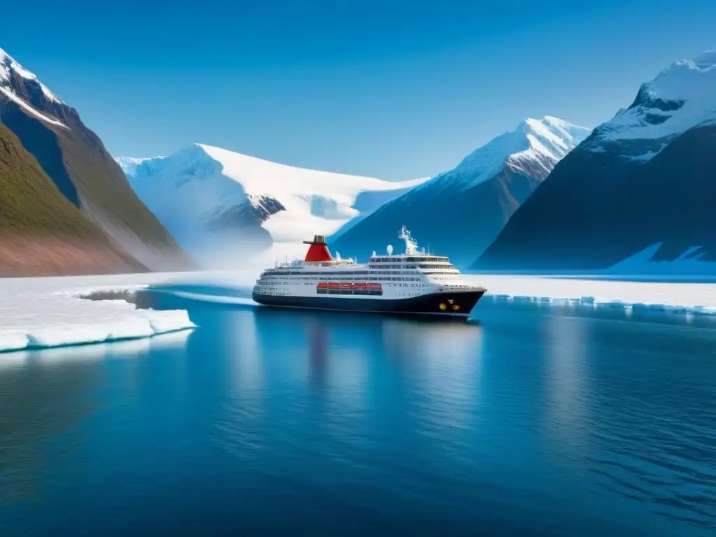 Un crucero de expedición audaz surcando aguas heladas con montañas nevadas al fondo bajo un cielo azul claro