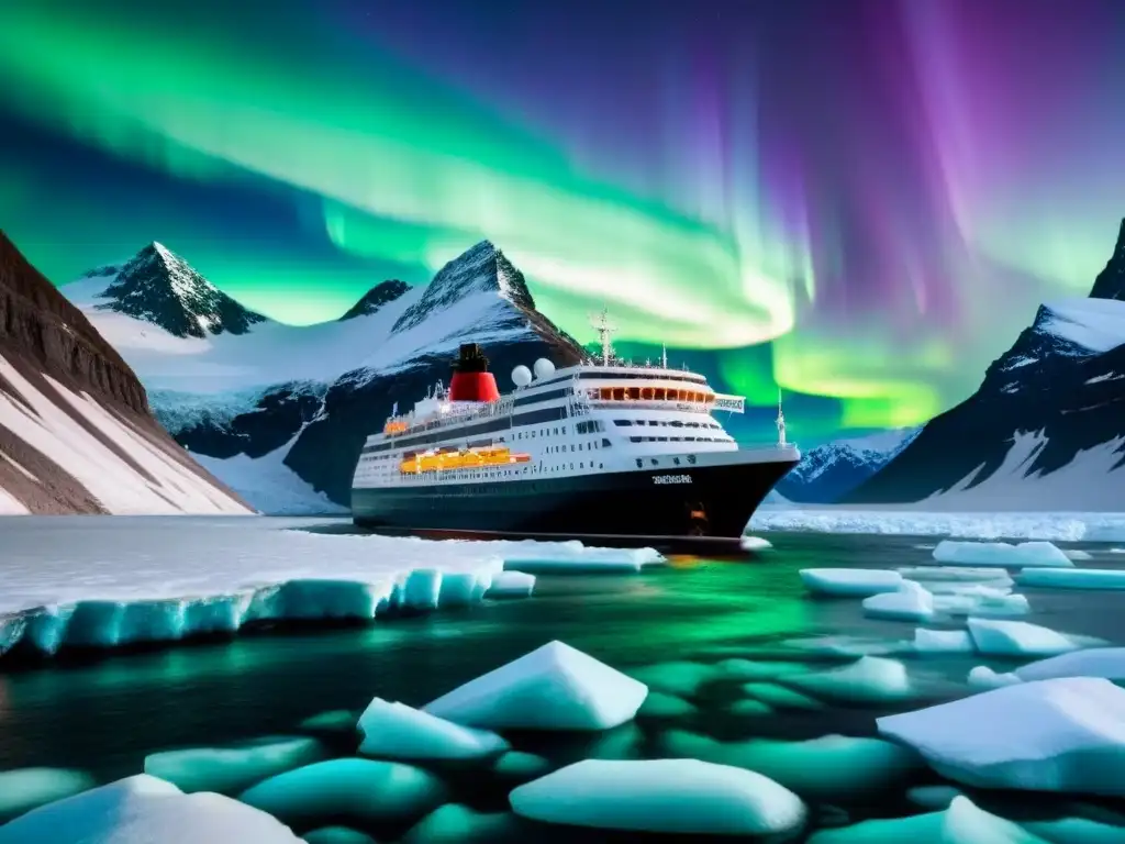 Un crucero de expedición audaz surcando aguas heladas entre imponentes glaciares bajo la aurora boreal, en un paisaje ártico asombroso