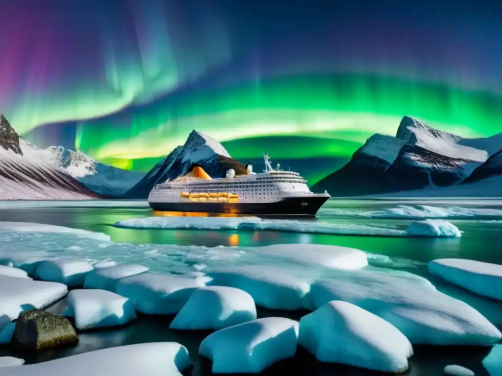 Crucero de expedición audaz surcando aguas heladas bajo las Luces del Norte, con montañas nevadas al fondo en una noche estrellada