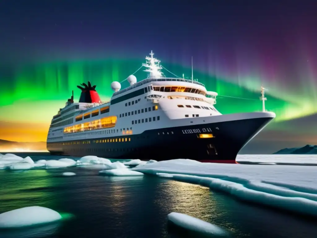 Crucero de expedición audaz surcando aguas heladas bajo la aurora boreal