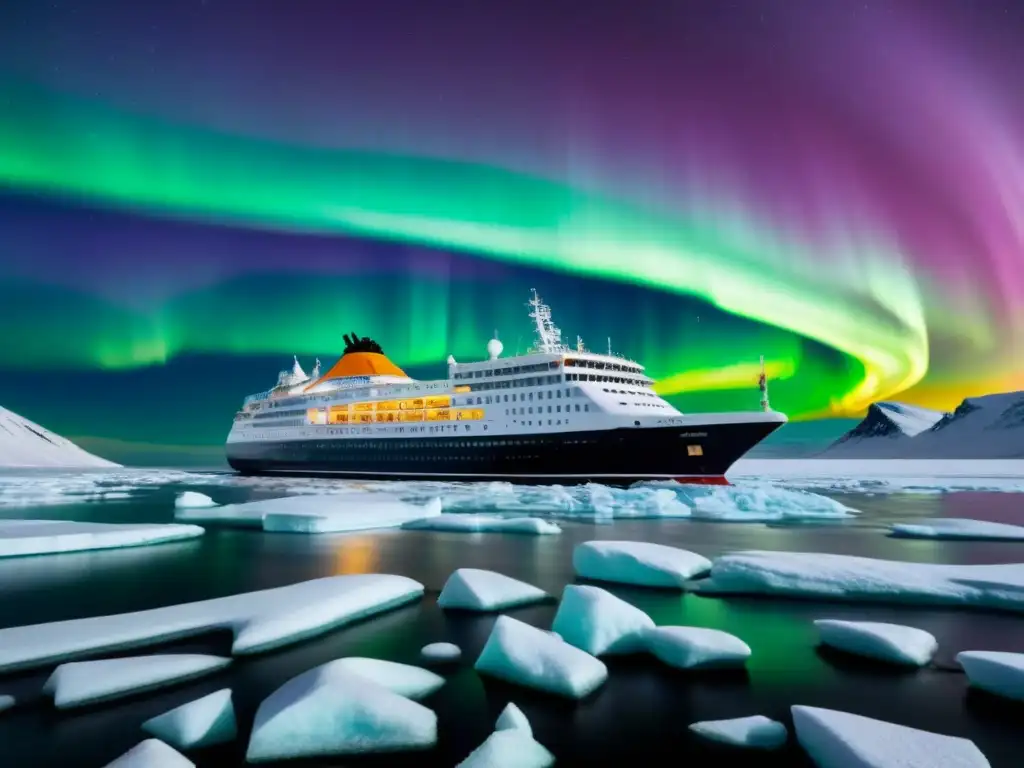 Un crucero de expedición audaz surcando aguas heladas bajo la mágica aurora boreal