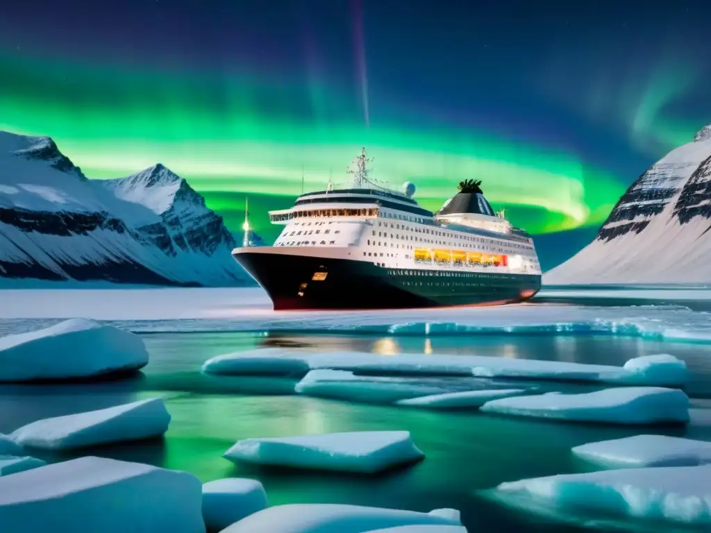 Un crucero de expedición audaz navega bajo la aurora boreal en aguas árticas, rodeado de montañas nevadas y un cielo estrellado