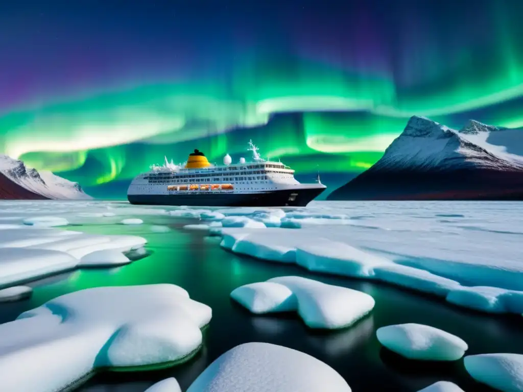 Un crucero de expedición navegando bajo la Aurora Boreal en aguas heladas, una escena serena que encarna las aventuras únicas