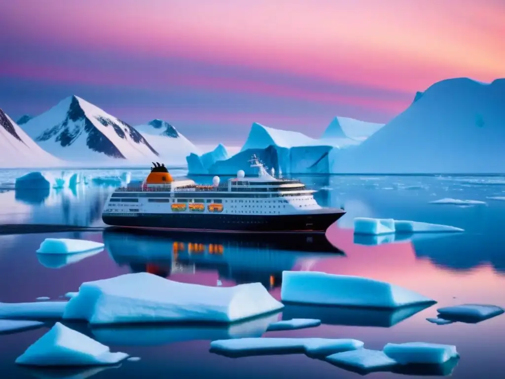 Un crucero de aventura en polos navegando en aguas árticas al atardecer, con pasajeros admirando el paisaje helado