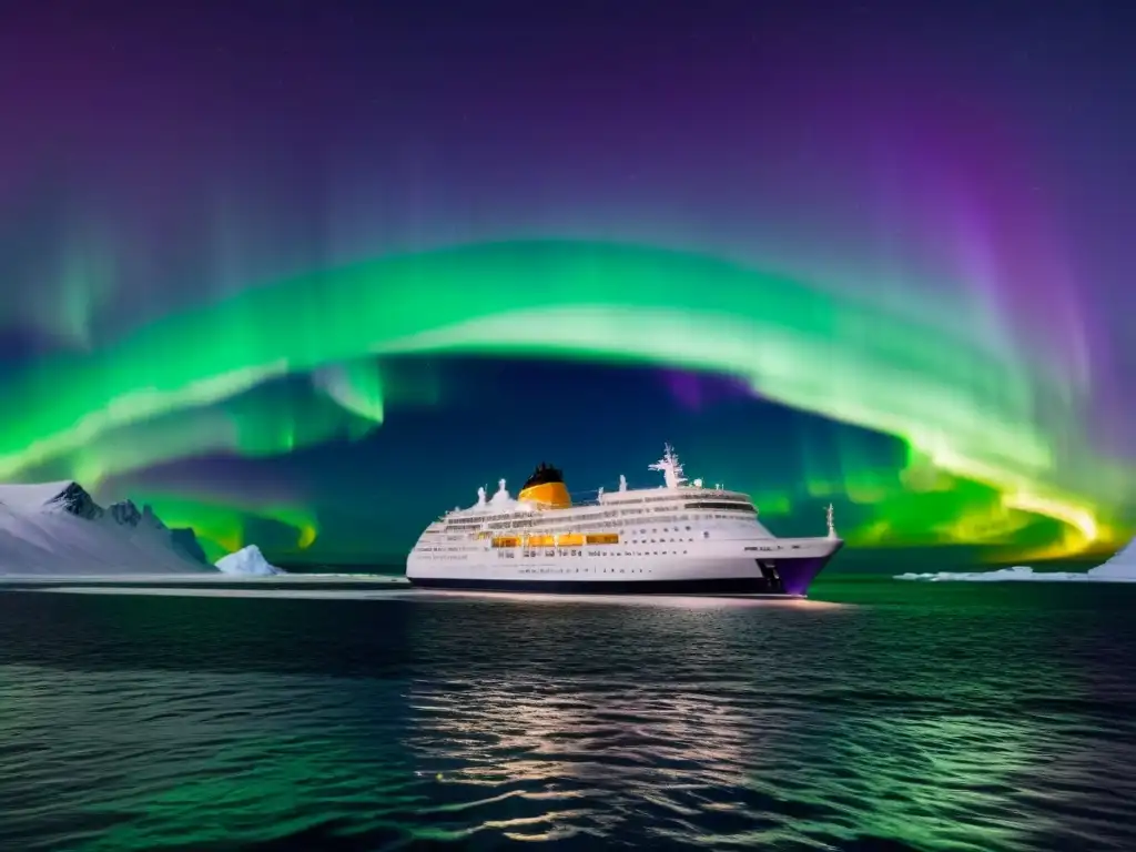 Un crucero de aventura en polos navega bajo la aurora boreal en aguas heladas, creando una atmósfera serena y mágica