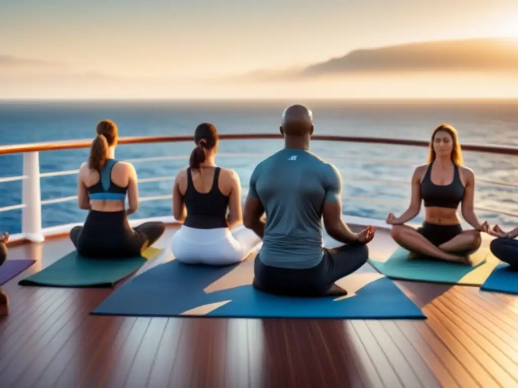 Yoga en crucero beneficios únicos: sesión matutina de yoga en cubierta de barco de lujo al amanecer, armonía entre cuerpo y naturaleza