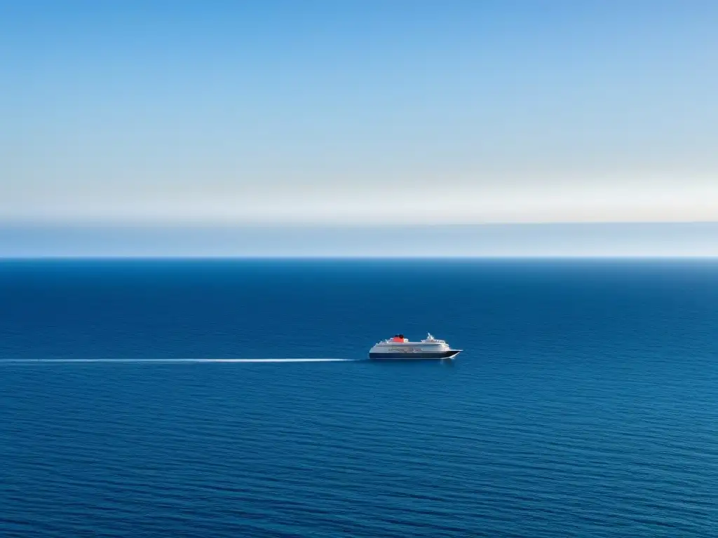 Un crucero de bienestar mental en un mar sereno y tranquilo, con un cielo azul claro y gaviotas sobrevolando