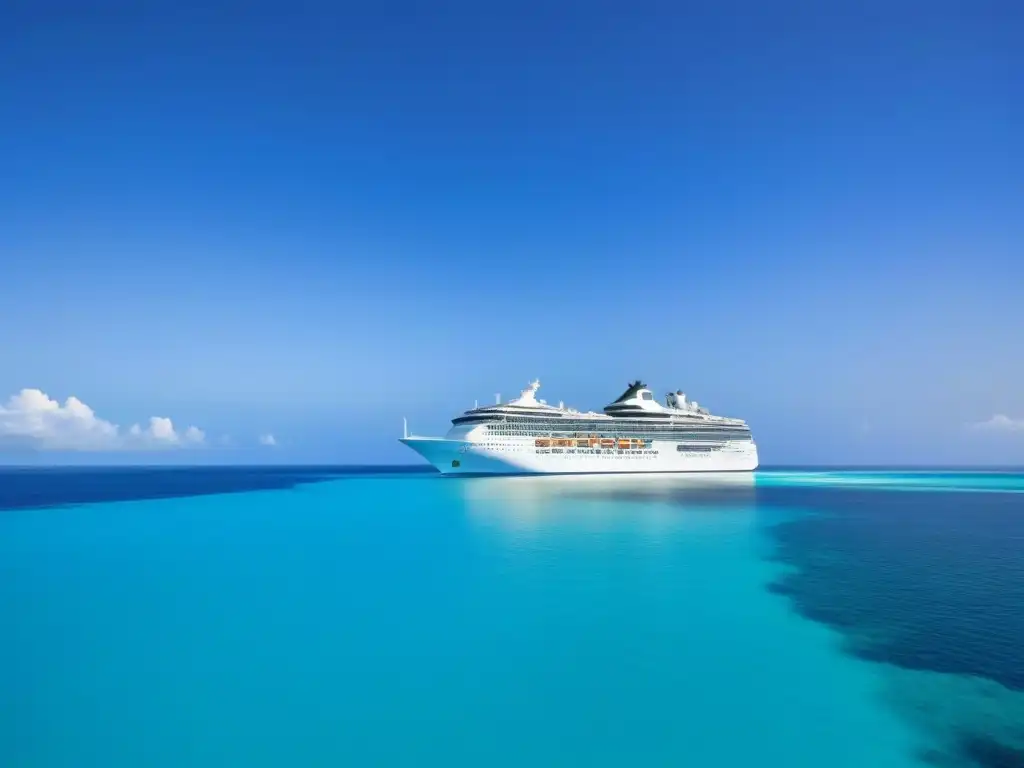 Un crucero blanco navega sobre aguas turquesa con una isla tropical al fondo, reflejando su imagen nítida