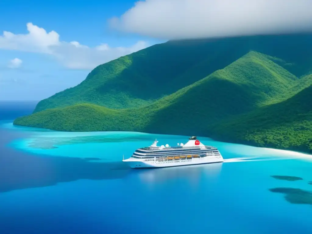 Un crucero blanco navega en aguas turquesa rodeado de islas verdes con arrecifes