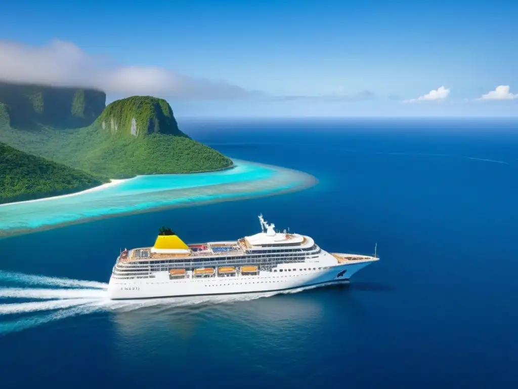 Un crucero blanco navegando en aguas turquesa, rodeado de islas tropicales verdes bajo cielo azul