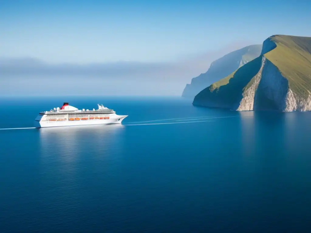 Un crucero blanco navega en aguas tranquilas del Cantábrico, con acantilados al fondo