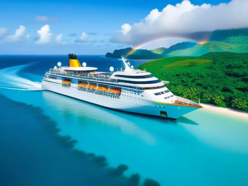 Un crucero blanco navegando en aguas turquesas, rodeado de naturaleza exuberante y un arcoíris vibrante en el cielo