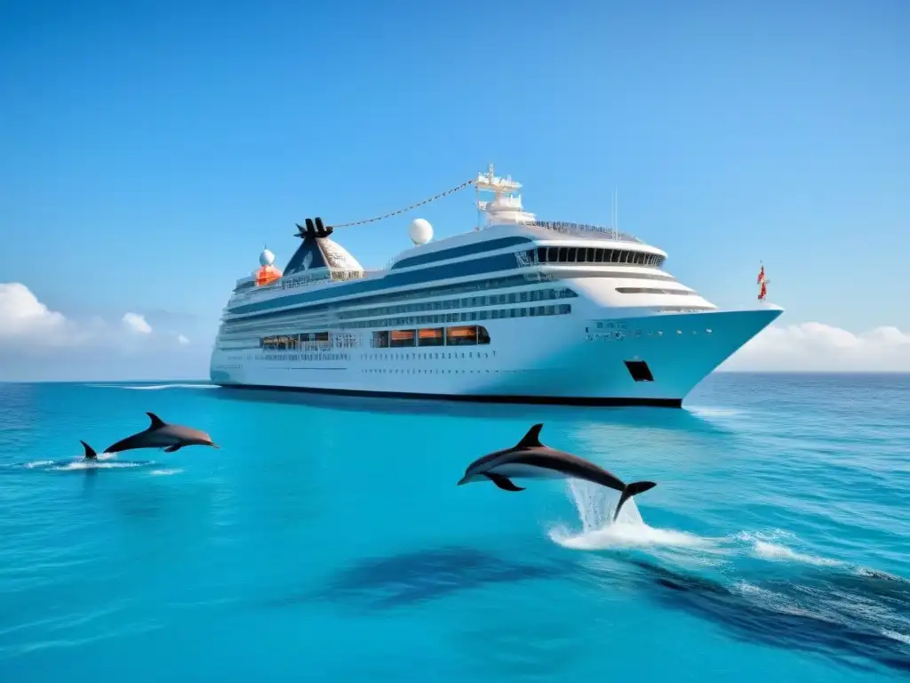 Un crucero blanco avanza silenciosamente en aguas turquesas, rodeado de delfines saltando bajo un cielo despejado, con paneles solares relucientes