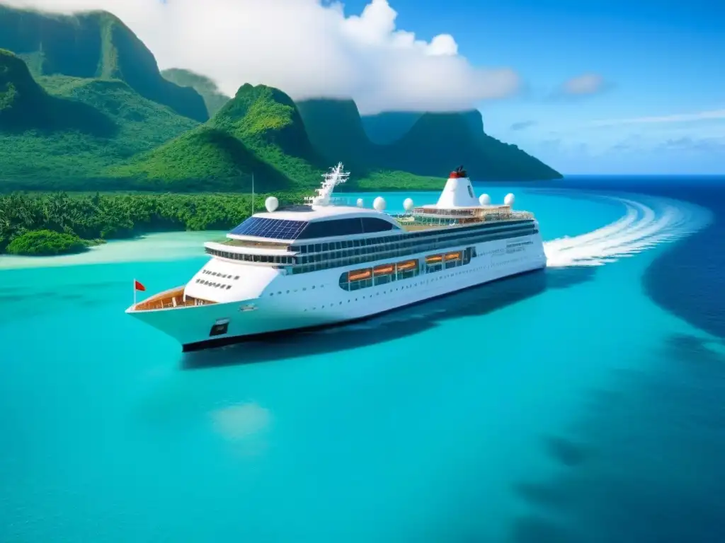 Un crucero blanco navegando en aguas turquesas, rodeado de islas verdes, con paneles solares brillando al sol