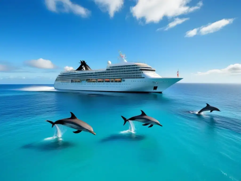 Un crucero blanco navegando en aguas turquesas con delfines, certificaciones ambientales cruceros marítimos