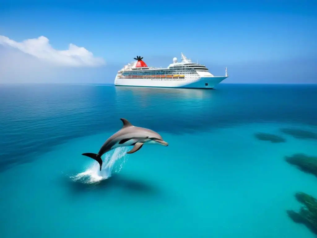 Un crucero blanco navegando en aguas turquesas con delfines, islas verdes al fondo