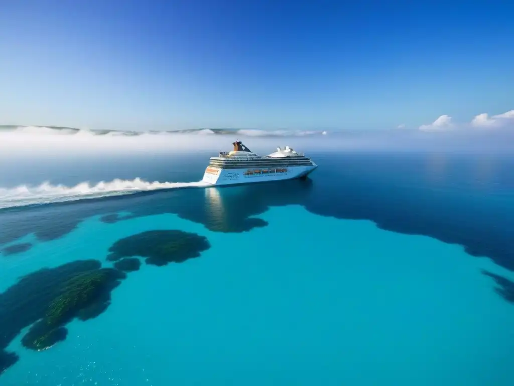 Crucero blanco navega en aguas turquesas con delfines jugando y paneles solares brillantes