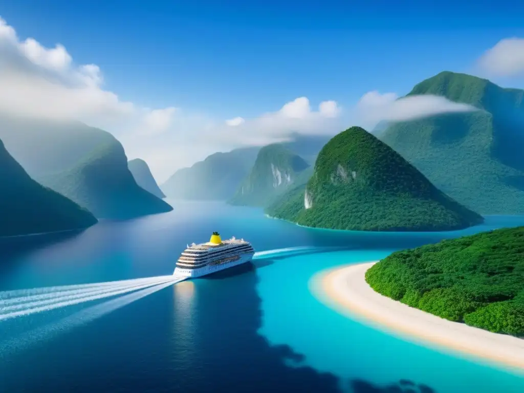 Un crucero blanco navega en aguas turquesas rodeado de montañas verdes bajo un cielo azul, simbolizando los cruceros sostenibles cambio climático