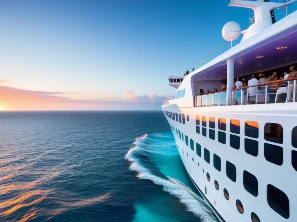 Un crucero blanco surcando aguas turquesas, con pasajeros disfrutando del atardecer