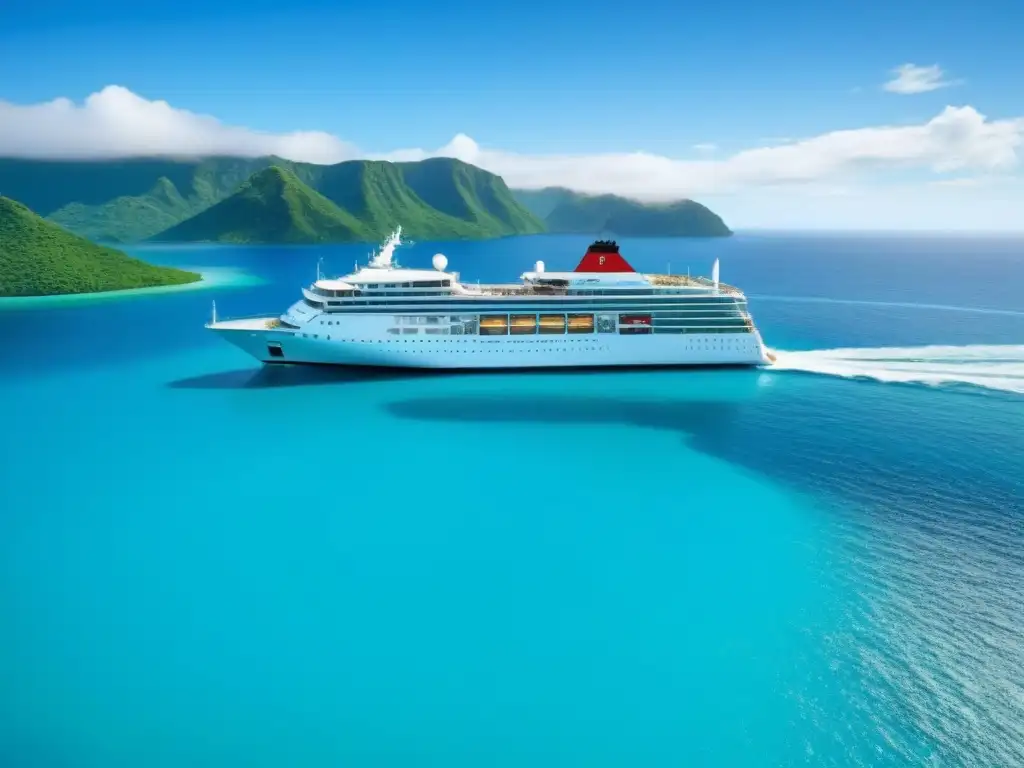 Un crucero blanco navegando en aguas turquesas, rodeado de islas verdes