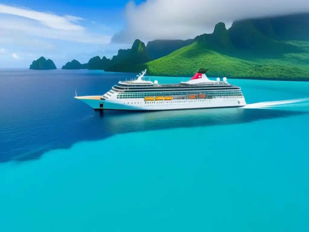 Un crucero blanco navega en aguas turquesas entre islas tropicales, destacando su diseño moderno y ecoamigable