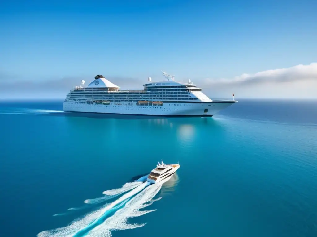 Un crucero blanco elegante navega en aguas turquesa cristalinas bajo un cielo azul despejado, creando una sensación de lujo y tranquilidad