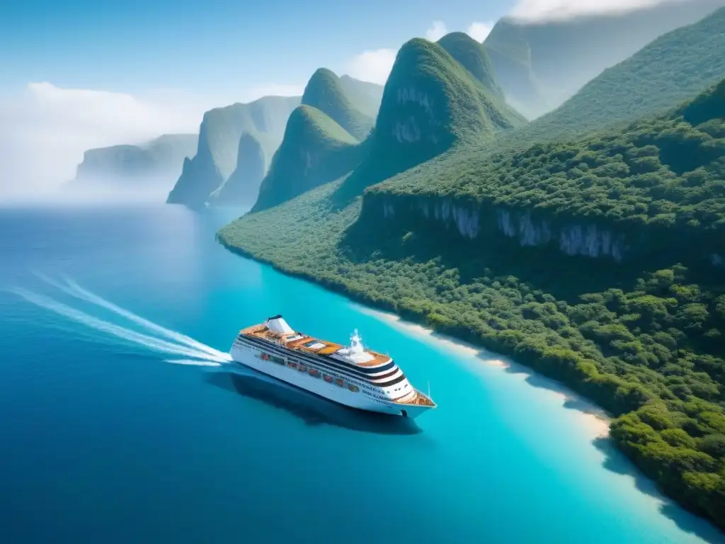 Un crucero blanco impecable navegando por aguas turquesa cristalinas, rodeado de acantilados cubiertos de vegetación bajo un cielo azul claro