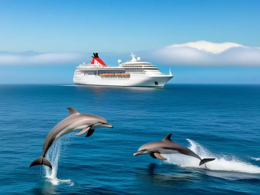 Crucero blanco y delfines: aventura eco en alta mar Un crucero blanco navegando en un océano cristalino, con delfines saltando junto a él