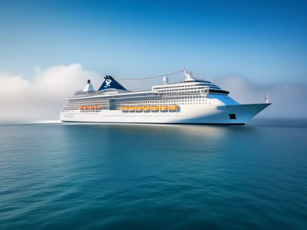 Un crucero blanco navega elegantemente en un océano tranquilo y cristalino bajo un cielo azul sin nubes, con gaviotas volando sobre él y un sutil reflejo del barco brillando en la superficie del agua