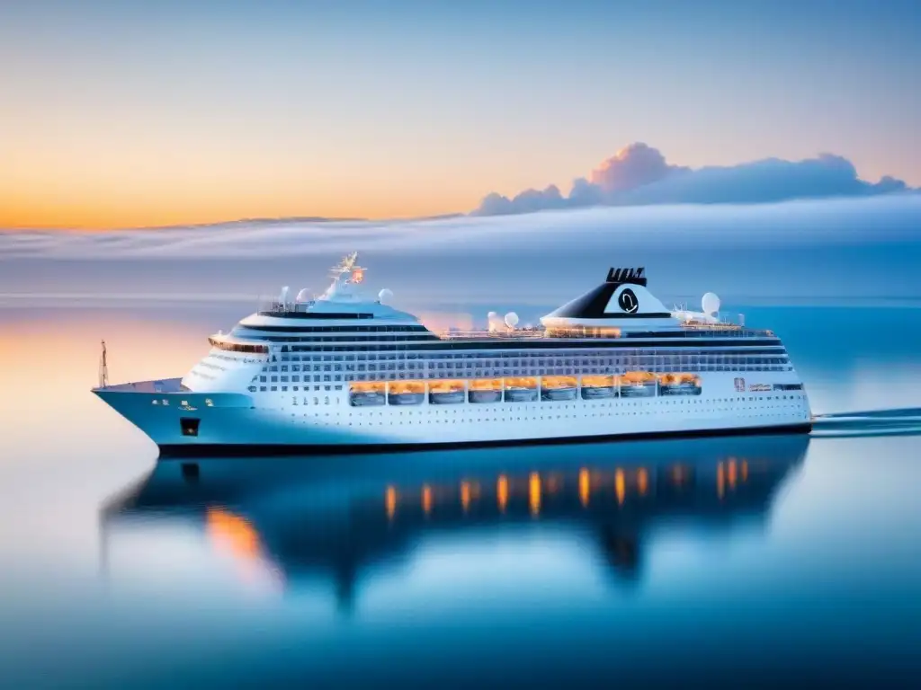 Un crucero blanco navegando sereno en aguas cristalinas al atardecer, transmitiendo tranquilidad para un seguro de salud para cruceros