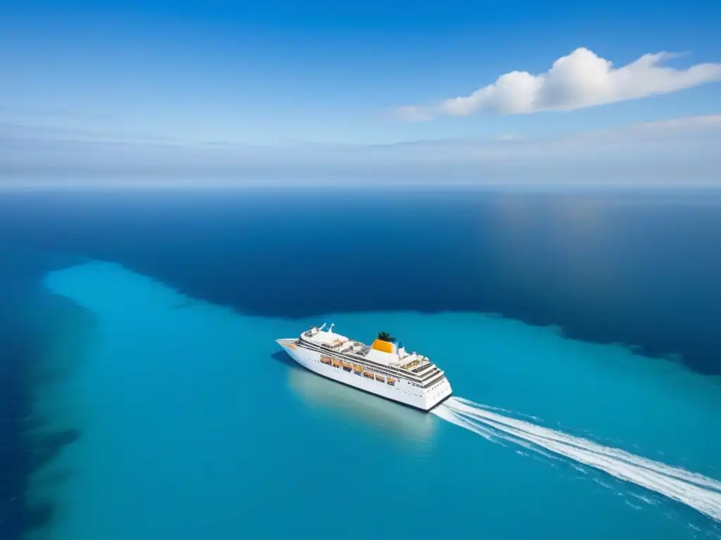 Un crucero blanco navega sereno en aguas turquesas bajo un cielo azul claro, transmitiendo calma y aventura