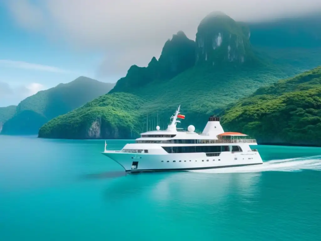 Un crucero boutique exclusivo navegando en aguas cristalinas entre islas verdes, bajo un cielo de tonos pastel