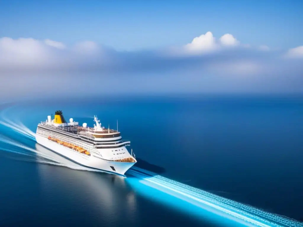 Un crucero flotando en una cadena de bloques digital, simbolizando la reserva segura de cruceros Blockchain