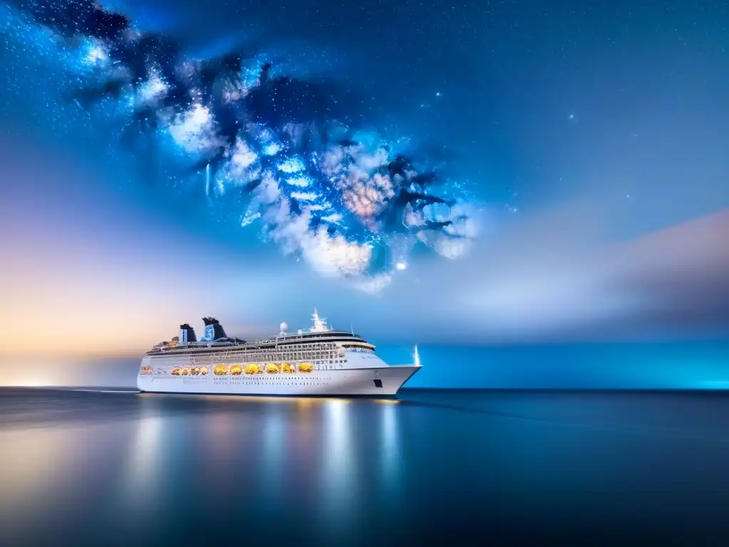 Un crucero navegando bajo un cielo estrellado, con la Vía Láctea brillando