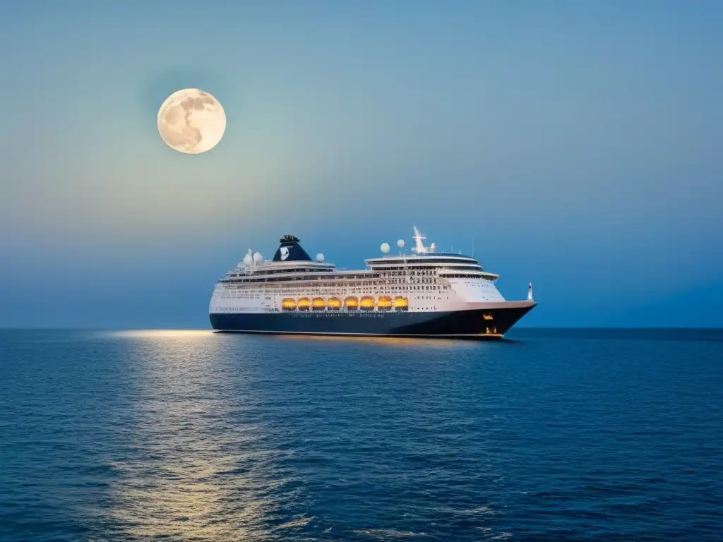 Un crucero navegando bajo un cielo estrellado, la luna ilumina el mar en calma