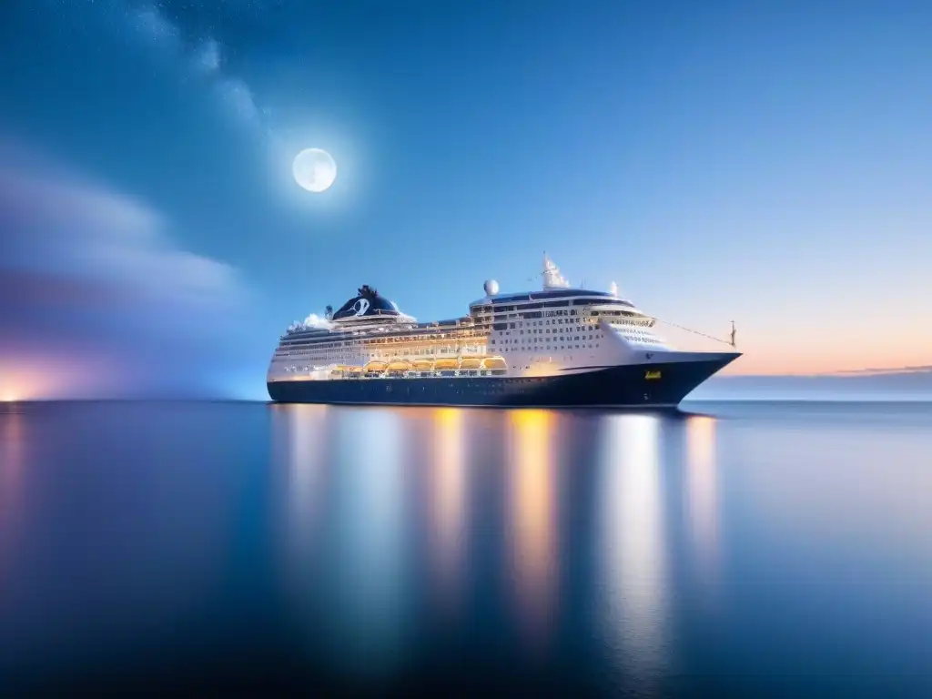 Un crucero navegando bajo un cielo estrellado, con la luna reflejándose en el mar tranquilo, transmitiendo serenidad y lujo