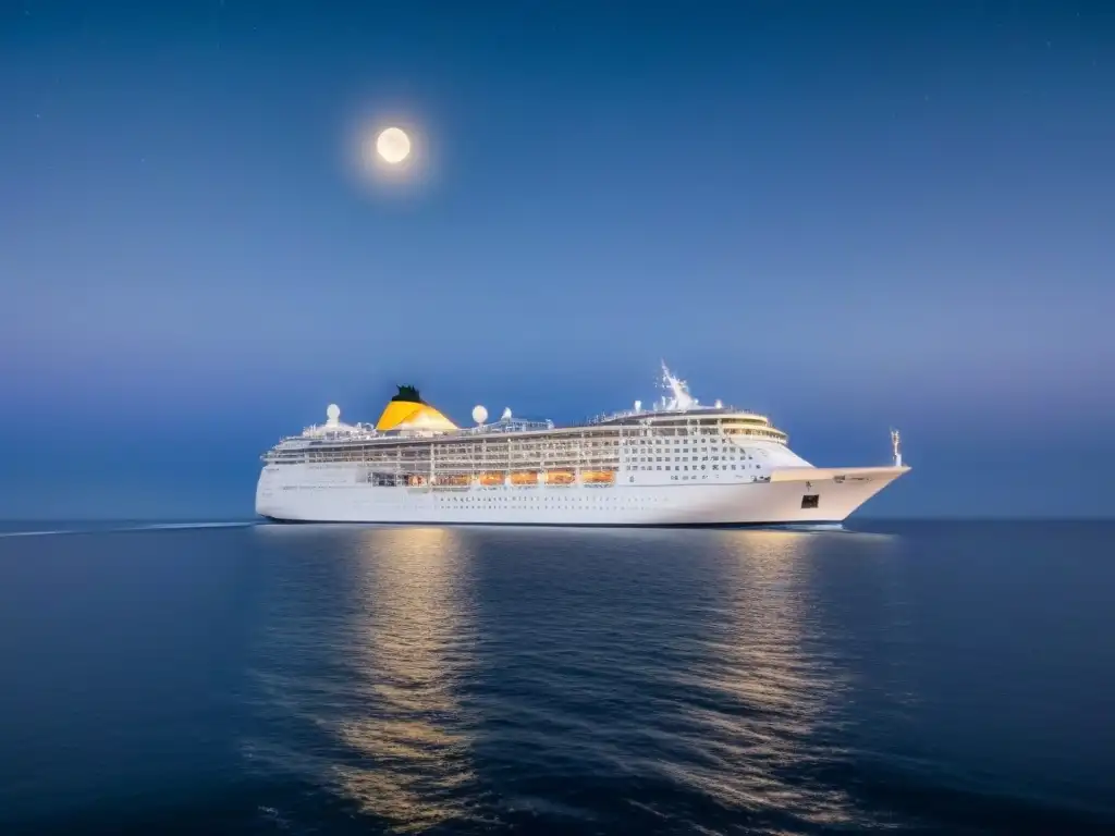 Un crucero navegando bajo un cielo estrellado con la luna brillante reflejando en el mar