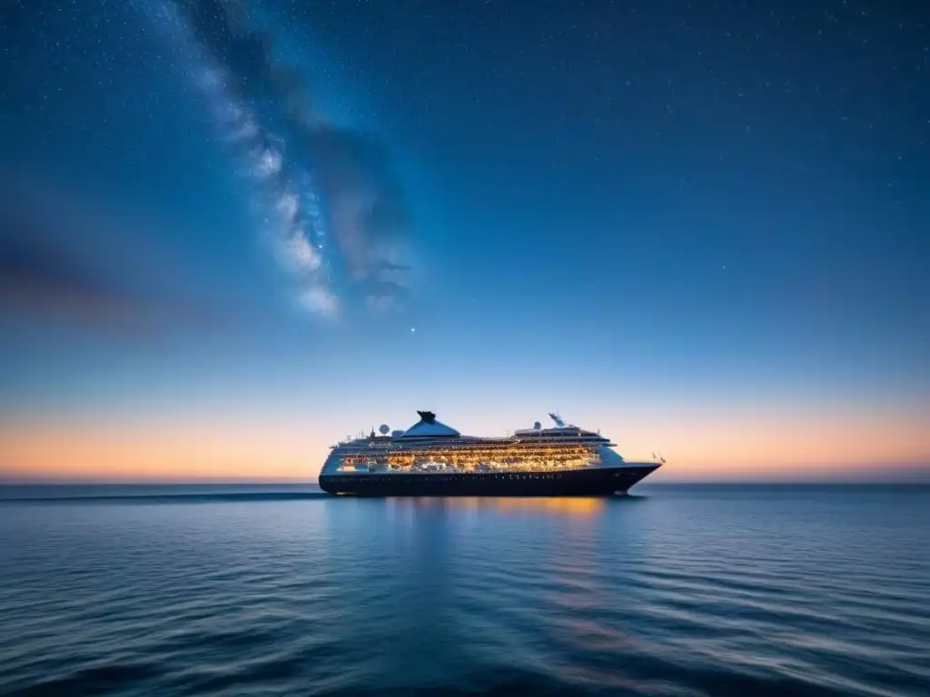 Un crucero navegando bajo un cielo estrellado en una noche clara en el mar