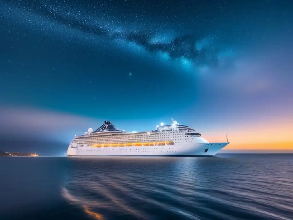 Un crucero navegando bajo un cielo estrellado con notas musicales, representando los festivales de música en cruceros