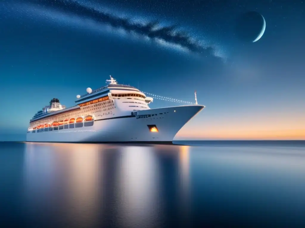 Un crucero navega bajo un cielo estrellado, con un satélite que brinda conectividad en alta mar cruceros