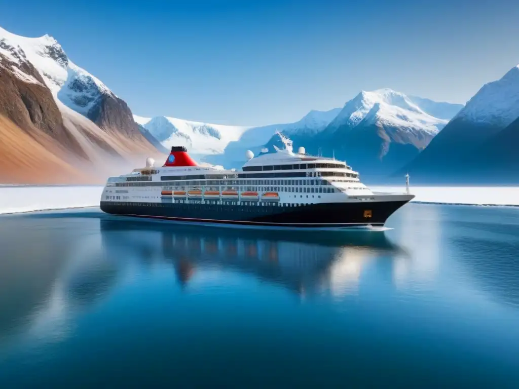 Un crucero de expedición corta aguas heladas rodeado de montañas nevadas bajo un cielo azul