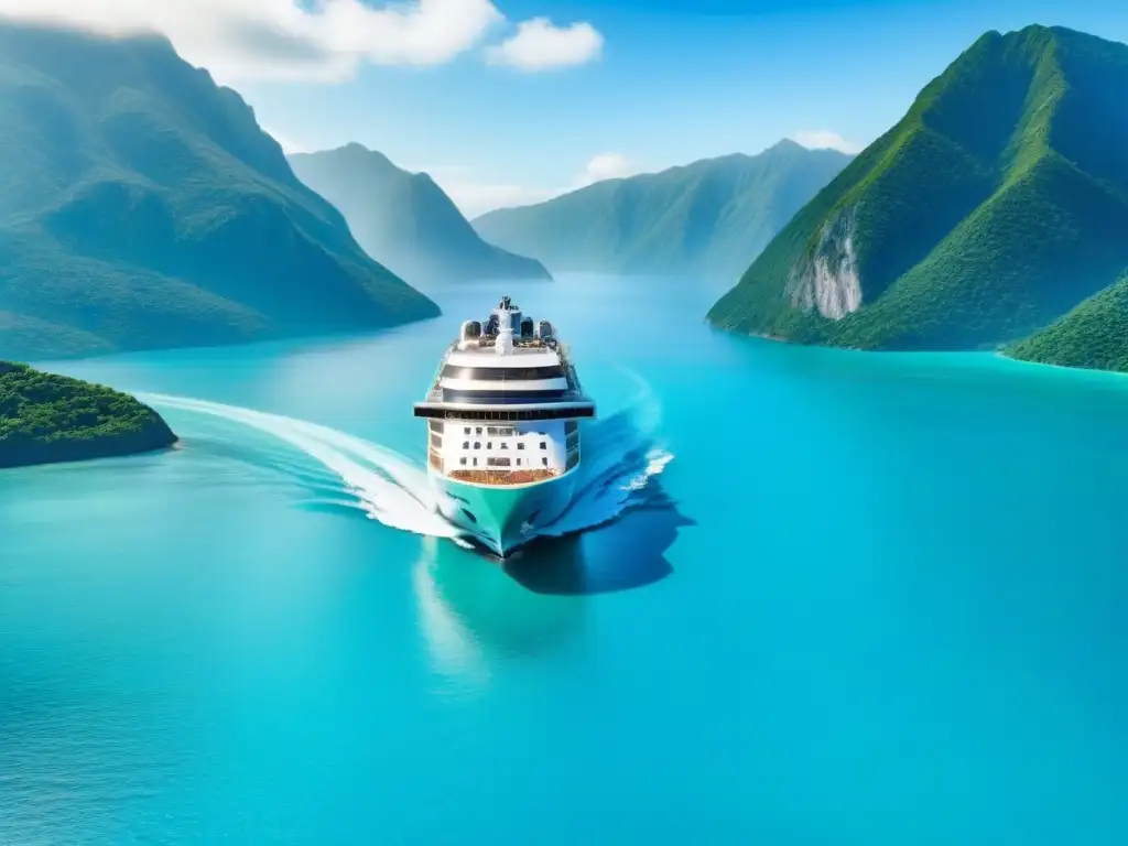 Un crucero de Crystal Cruises innovación lujo marítimo navega en aguas turquesas con montañas verdes y cielo azul vibrante