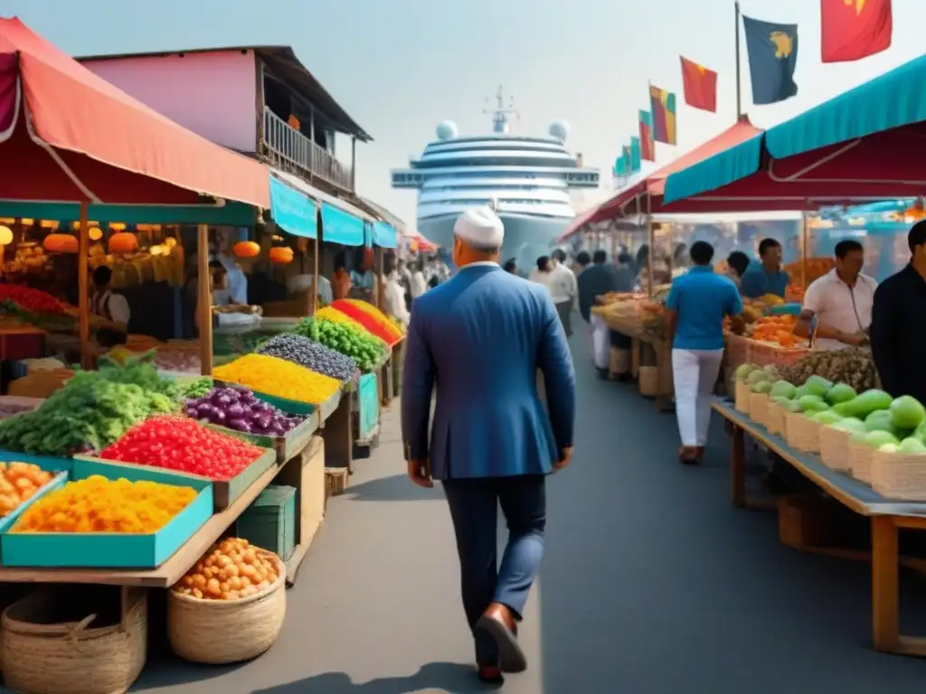 Un crucero integrando cultura local en un animado mercado con coloridos puestos y vendedores ambulantes