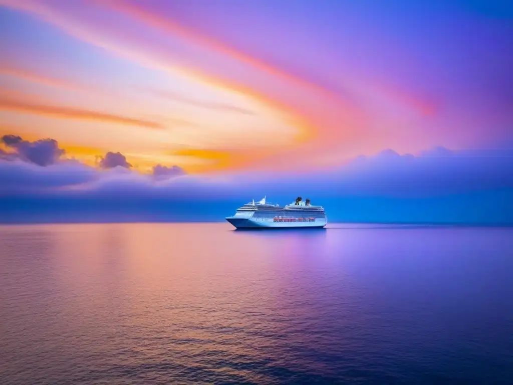 Un crucero cultural navegando al atardecer en aguas tranquilas, reflejando un paisaje sereno y enriquecedor