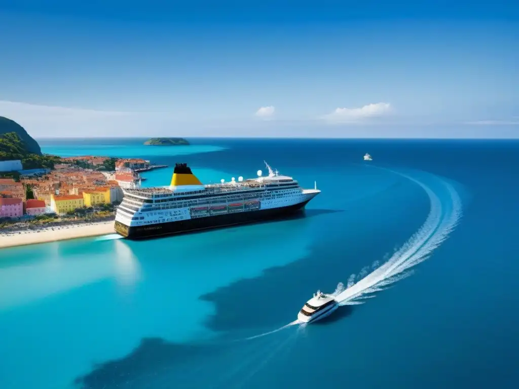 Un crucero cultural transformador perspectiva: un lujoso barco surcando aguas turquesas, junto a un pintoresco pueblo costero