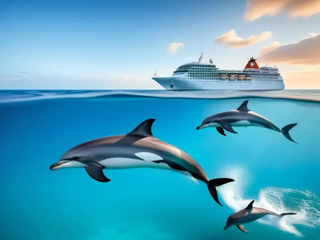 Crucero en aguas turquesas con delfines al atardecer Crucero navegando con delfines en aguas turquesas al atardecer, resaltando turismo marítimo responsable colaboraciones ONGs