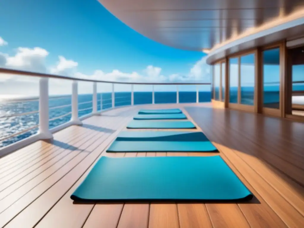 Deck de yoga en crucero con diseño minimalista, suelo de madera, tapetes blancos alineados y vista panorámica al mar tranquilo y cielo despejado