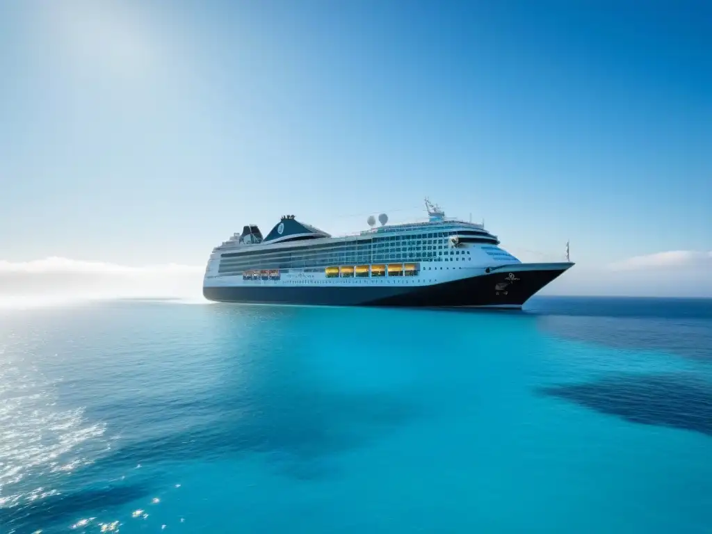 Un crucero eco navega en aguas turquesas, rodeado de naturaleza virgen y cielo azul